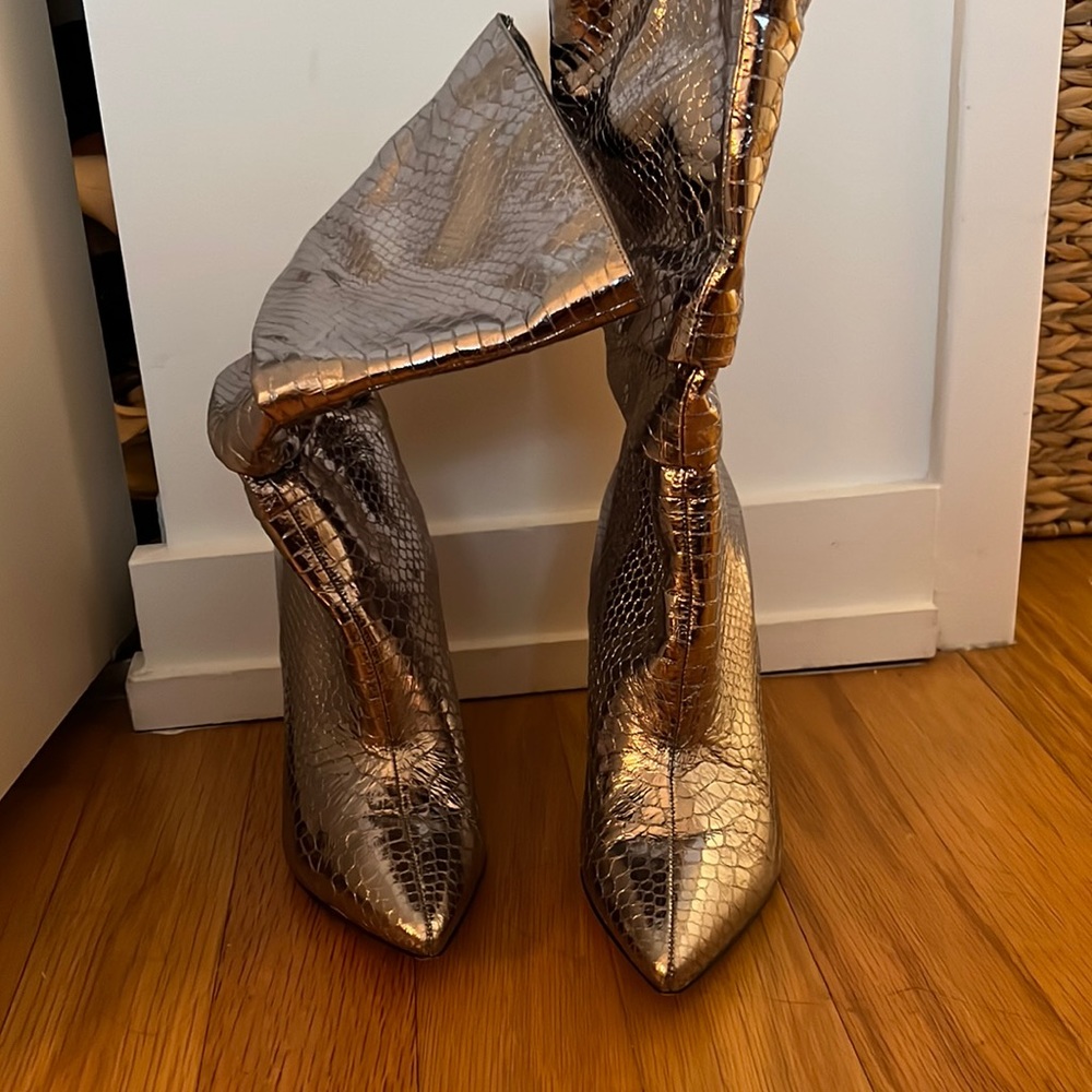 Nine West Metallic silver croc slouchy booties